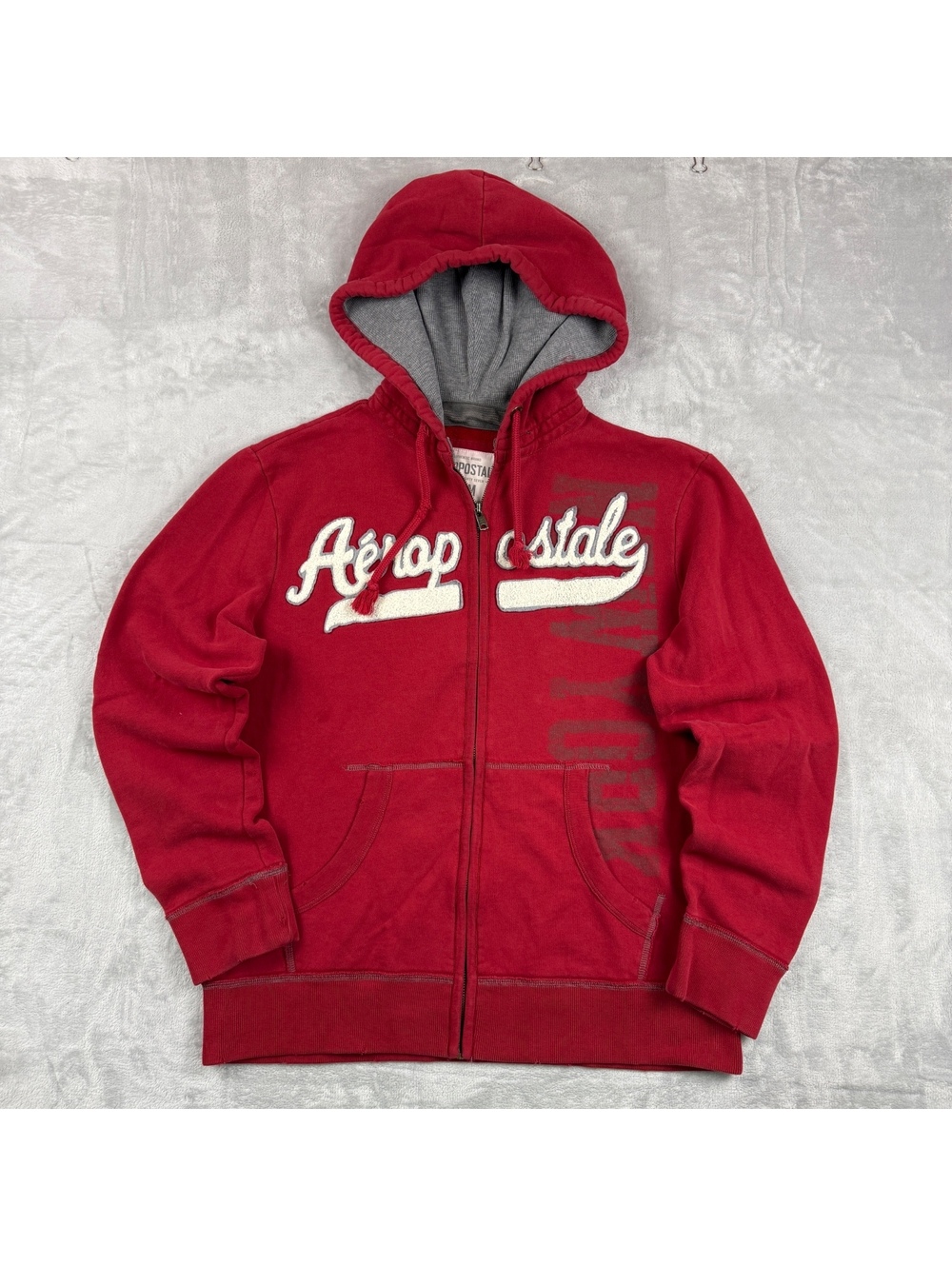 Y2K Aeropostale Men M Red Full Zip Hoodie Applique Logo 2000s Mall Throwback VTG